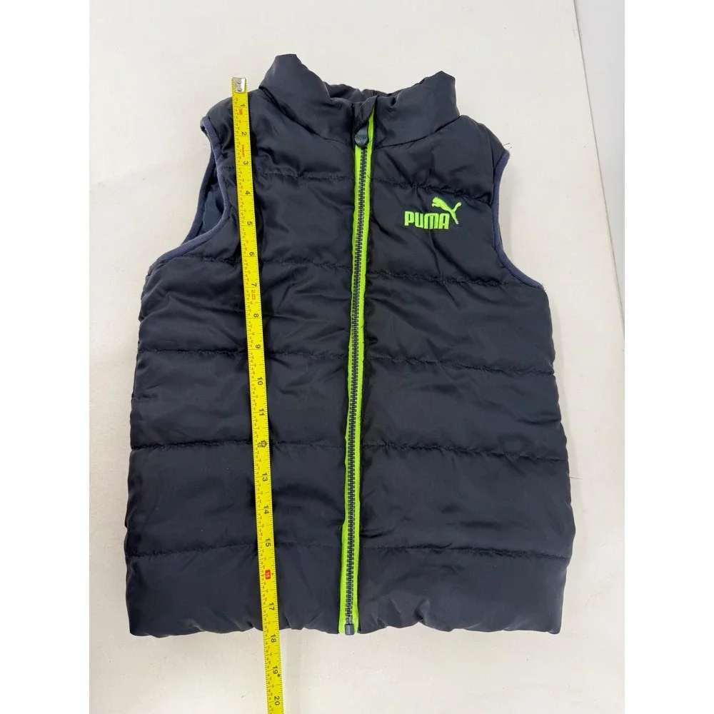 Puma Boys Navy Blue Puffer Vest Lime Green‎ Zip Quilted Sleeveless Jacket Sz 7